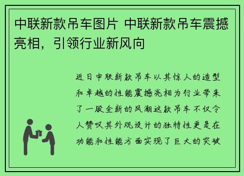 中联新款吊车图片 中联新款吊车震撼亮相，引领行业新风向